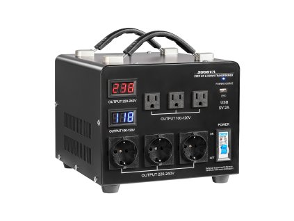 Menič napätia 3000 VA, 110↔220 V, 3×US a 3×EU zásuvky, lcd, s ističom