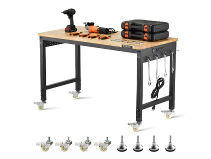 Pracovný stôl nast 1219 mm, 907 kg, zás./kolieska/pegboard, dub. doska