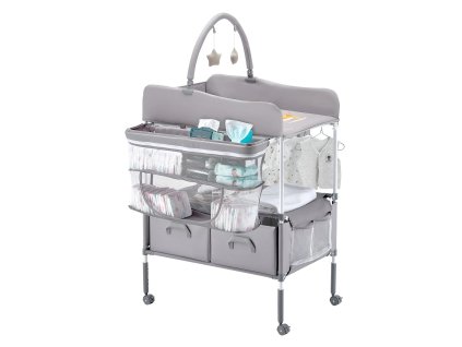 Skladací prebaľovací pult, nastaviteľná výška, 2 zásuvky, kolesá, sivý