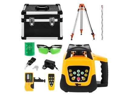 Rotačný laser s statívom a latkou, zelený lúč 500 m, 360° rotácia