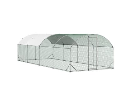 Kovový kurník s vchádzacím výbehom 2.7×7.6×2 m, vodotesný, pevný rám
