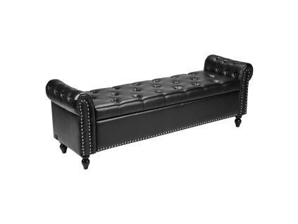 Úložná lavica s prešitými gombíkmi, pu koža, drevené nohy, čierna