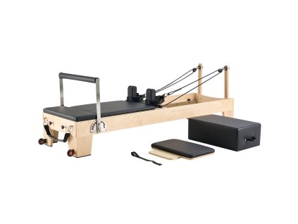 Pilatesový reformer, drevený, pružiny a lanko, sedací box, 400 lbs