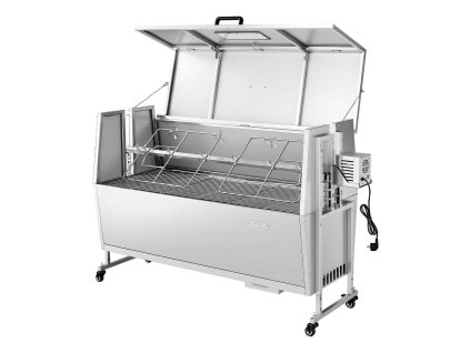 Gril na rožnenie 38 W motor, kapacita 60 kg, nerez, kolesá, 4 úrovne