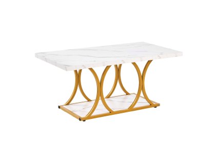 Konferenčný stolík s umelým mramorom, 2 police, kovový rám, biely