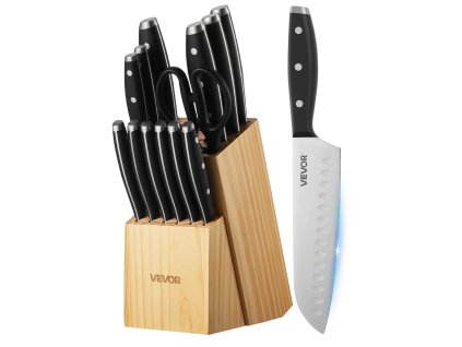 Sada kuchynských nožov 15-dielna, uhlíková nerez, brúsny prút, blok