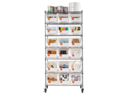 Mobilný stojan s 7 policami a 18 boxmi, oceľový na kolieskach