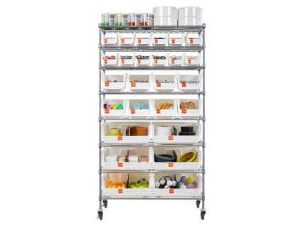 Pojazdný regál 8 poschodí s 26 boxmi, drôtené oceľové police, kolieska