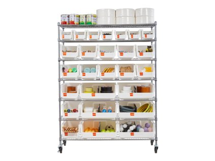 Regál na náradie s 7 policami a 26 boxami, oceľový, na kolieskach