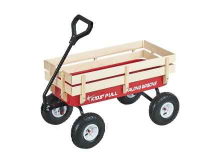 Vozík na ťahanie pre deti 101 cm, drevené bočnice, 150 kg, červený