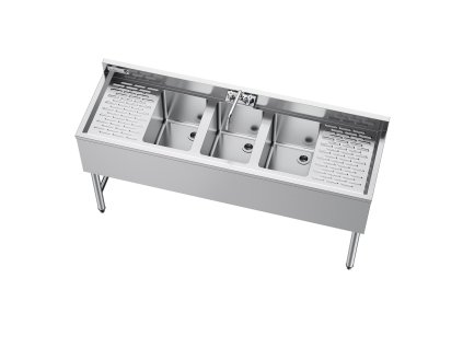 Trojkomorový drez 304 18-gauge, misy 254×356×254 mm, dva odkvapy