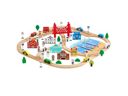 Drevená vlaková súprava 113 dielov, 3–8 rokov, so krabicou a mestom
