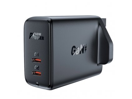 Sieťová nabíjačka Acefast GaN (zástrčka UK) 2x USB typu C 50 W, Power Delivery, PPS, Q3 3.0, AFC, FCP čierna (A32 UK)
