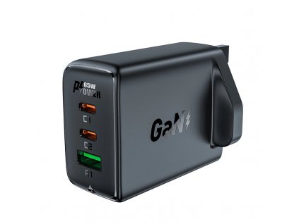 Acefast GaN 65W 3-portová nabíjačka (1xUSB, 2xUSB C PD) UK plug čierna (A44)