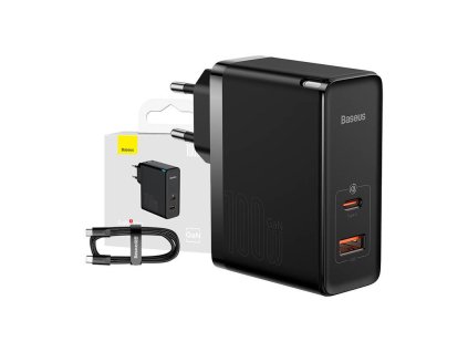 Nástenná nabíjačka Baseus GaN USB-C + USB, 100 W + 1 m kábel (čierna)