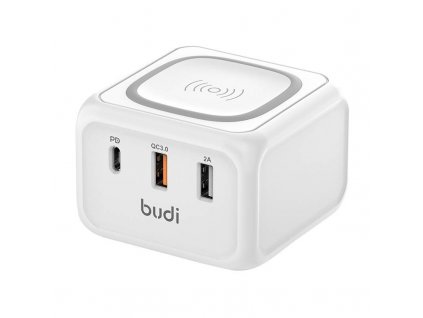 Indukčná nabíjačka 10W Budi 317TE, 2x USB + USB-C, 18W (biela)