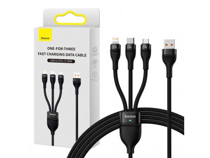 kábel USB 3v1 Baseus Flash II Series, USB-C + micro USB + Lightning, 66 W, 1,2 m (čierny)