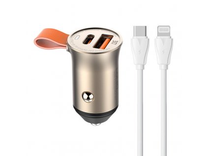 Nabíjačka do auta LDNIO C509Q, USB + USB-C, 30 W + kábel USB-C na Lightning (zlatý)