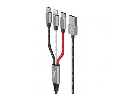 kábel 3 v 1 z USB na Lightning / USB-C / Micro USB Budi 2,4 A, 1 m, opletený (čierny)