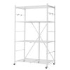 Skladací regál 4 police 36×21×60 inch, 5 koliesok, 4 háčiky, biely
