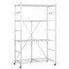 Skladací regál 4 police 36×21×60 inch, 5 koliesok, 4 háčiky, biely