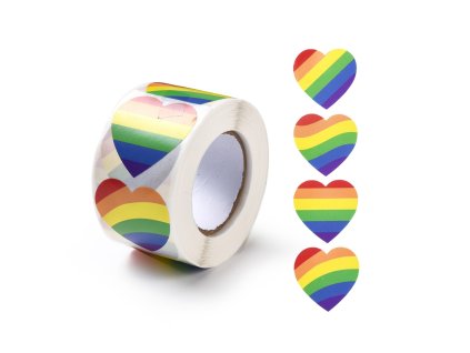 Samolepky průměr 25mm cca 500 kusů v roli - srdce duhové
