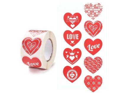 Samolepky kotouč cca 500 kusů v roli - srdíčka LOVE