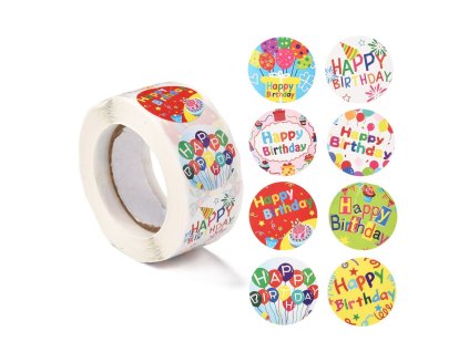 Samolepky kotouč cca 500 kusů v roli - Happy birthday