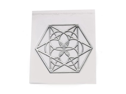 Ezoterická mosazná samolepka - Hexagon s květem, stříbrná