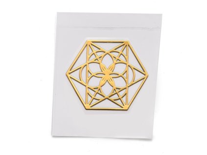 Ezoterická mosazná samolepka - Hexagon s květem, zlatá
