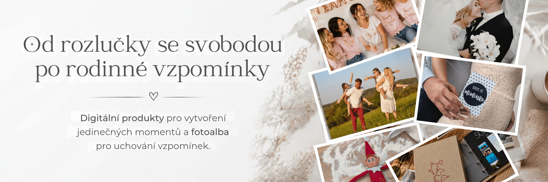Úvodní banner e-shopu Memora s jemným béžovým pozadím, květinami a sloganem „Od rozlučky se svobodou až po rodinné vzpomínky“.