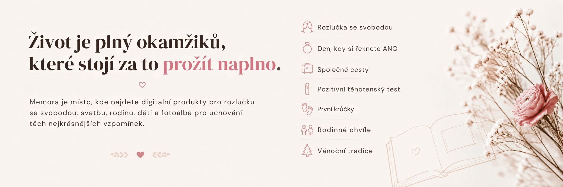Představení značky Memora – digitální produkty pro rozlučku se svobodou, svatbu, těhotenství, děti, fotoalba, Vánoce a uchování vzpomínek.