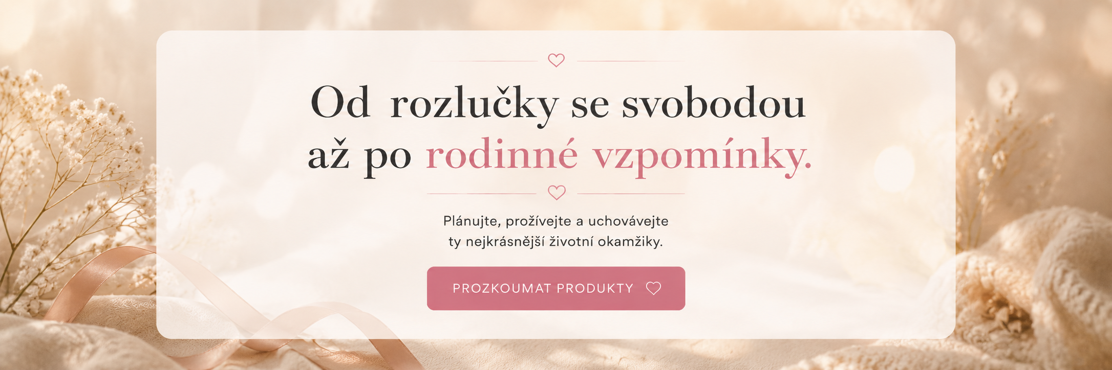Úvodní banner e-shopu Memora s jemným béžovým pozadím, květinami a sloganem „Od rozlučky se svobodou až po rodinné vzpomínky“.