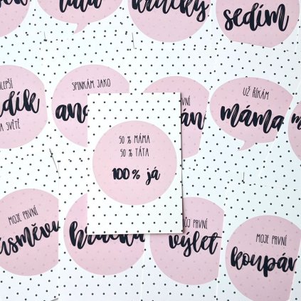 milníkové kartičky pro holčičku růžové s kroužky
