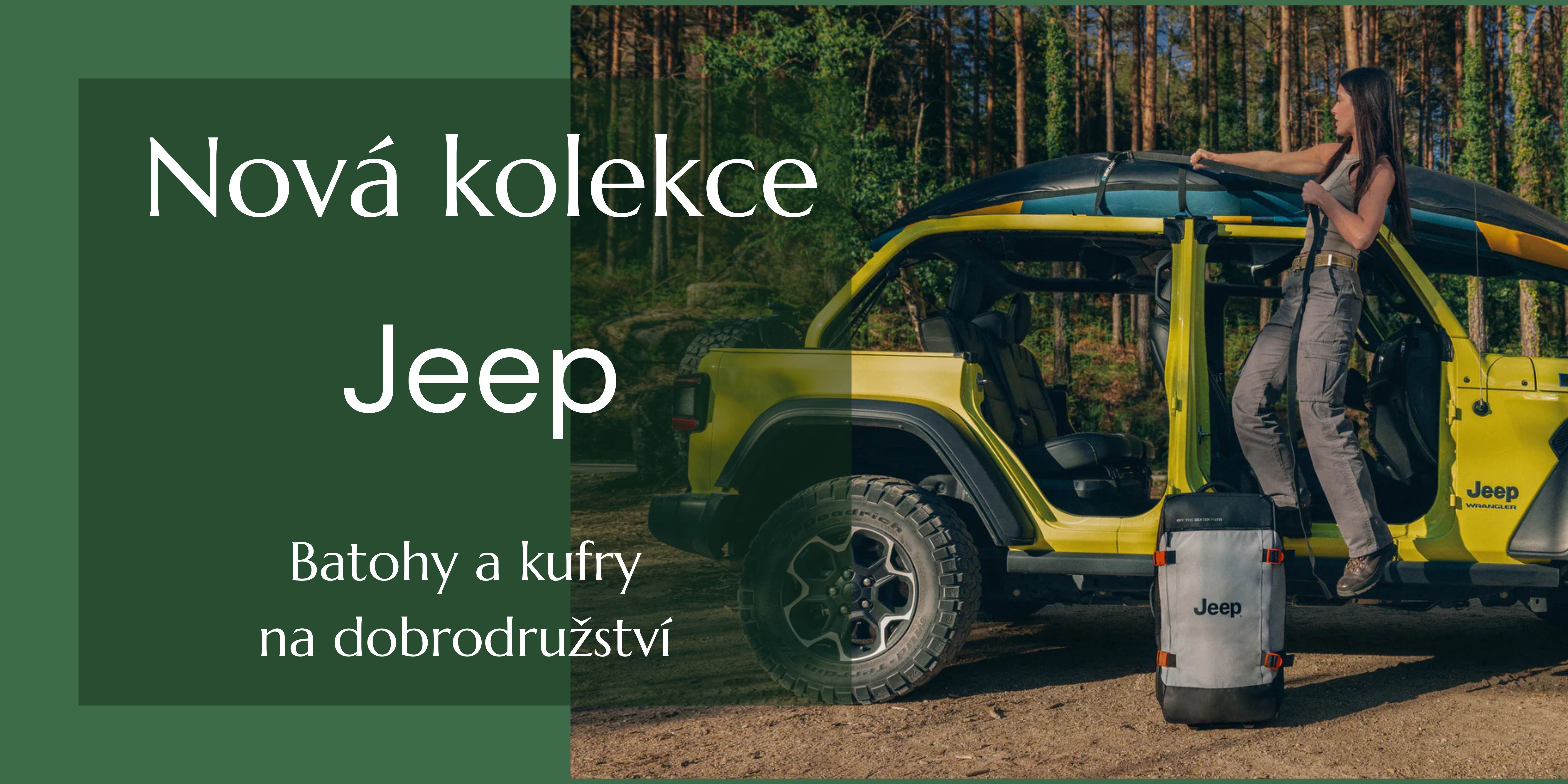 Banner propagující novou kolekci batohů a kufrů JEEP by Delsey Paris na e-shopu. Stylové a odolné zavazadla pro cestování i dobrodružství.