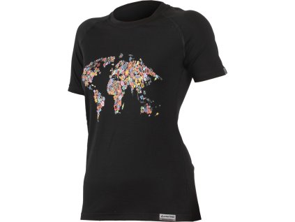 Lasting dámské merino triko s tiskem FLOWER černé (Velikost 2XL)