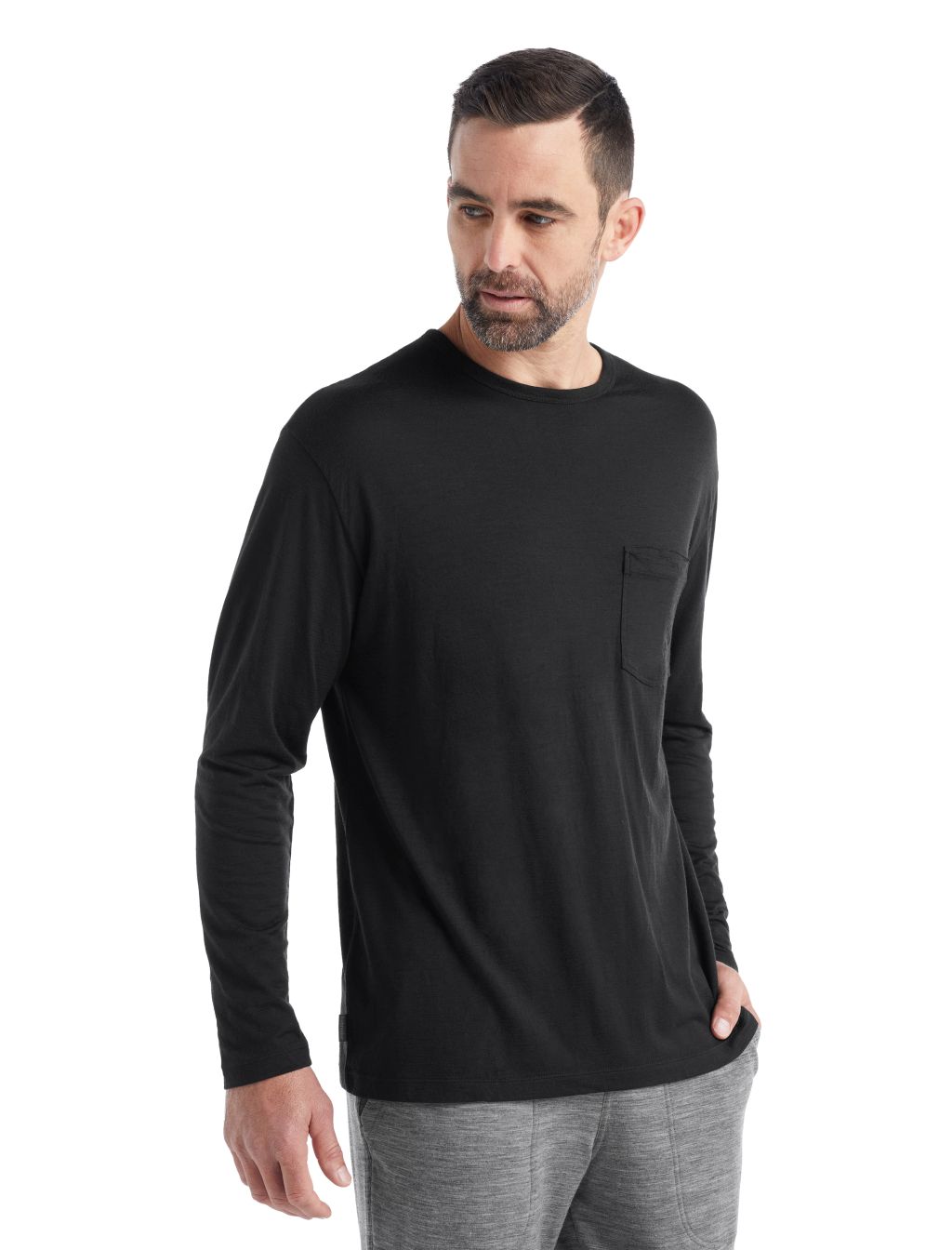 Pánské merino triko dlouhý rukáv ICEBREAKER Mens Granary LS Pocket Tee, Black velikost: XL