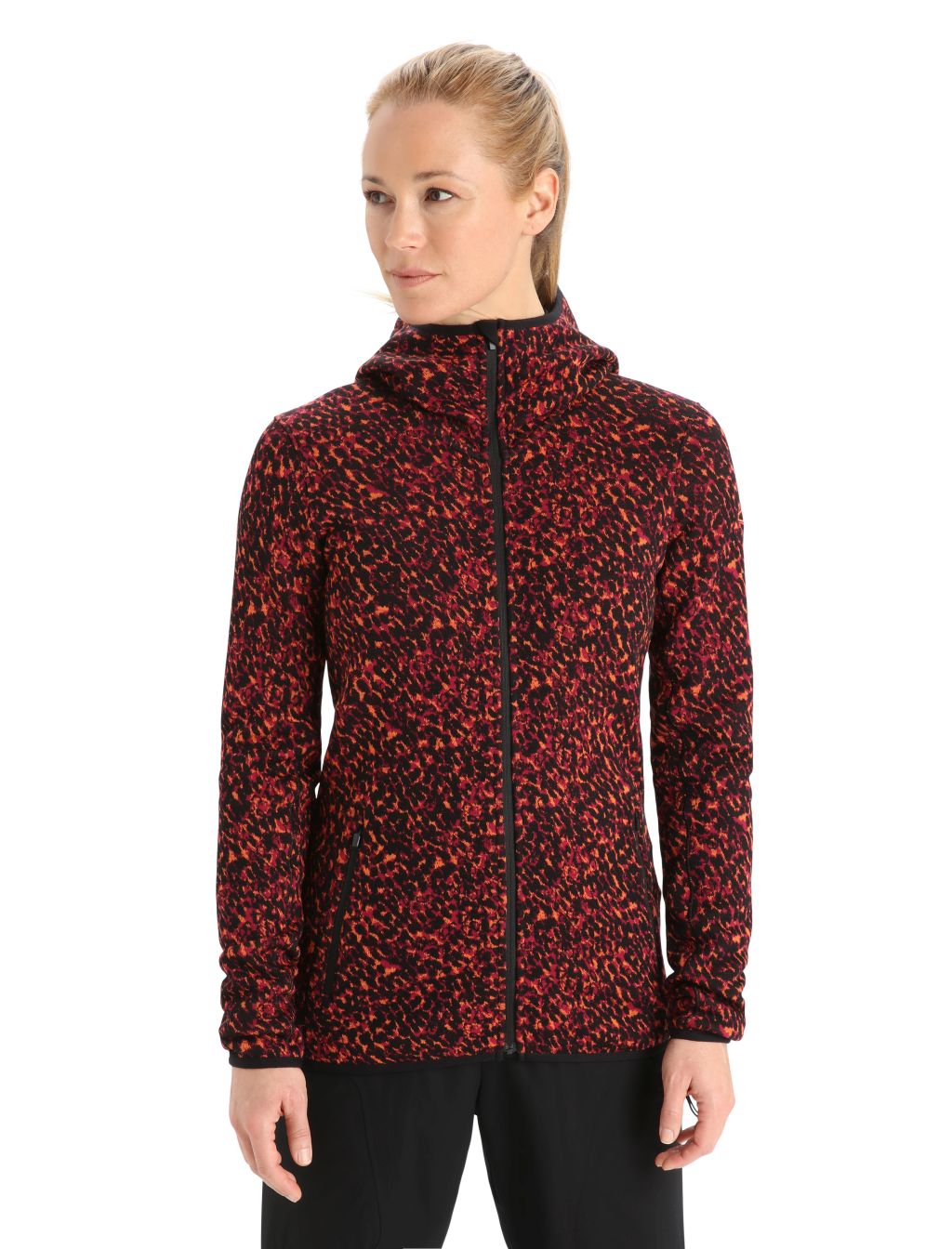 Dámská mikina ICEBREAKER Wmns Elemental LS Zip Hood Lichen, Black/Cherry/Flash/Aop velikost: XS