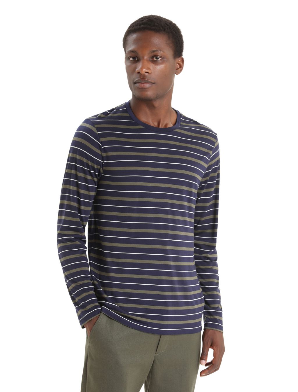 ICEBREAKER Mens Wave LS Tee Stripe, Midnight Navy/Loden velikost: M