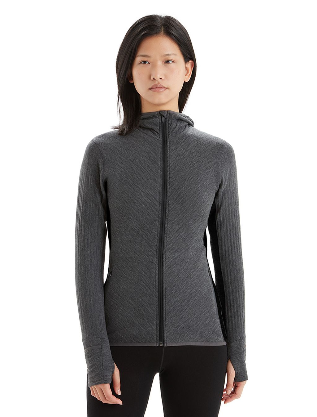 Dámská merino mikina s kapucí, zip ICEBREAKER Wmns Descender LS Zip Hood, Jet Heather/Black velikost: XS