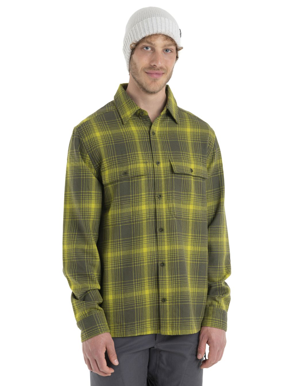 Pánská merino košile dlouhý rukáv ICEBREAKER Mens Dawnder LS Flannel Shirt Plaid, Loden/Bio Lime velikost: L
