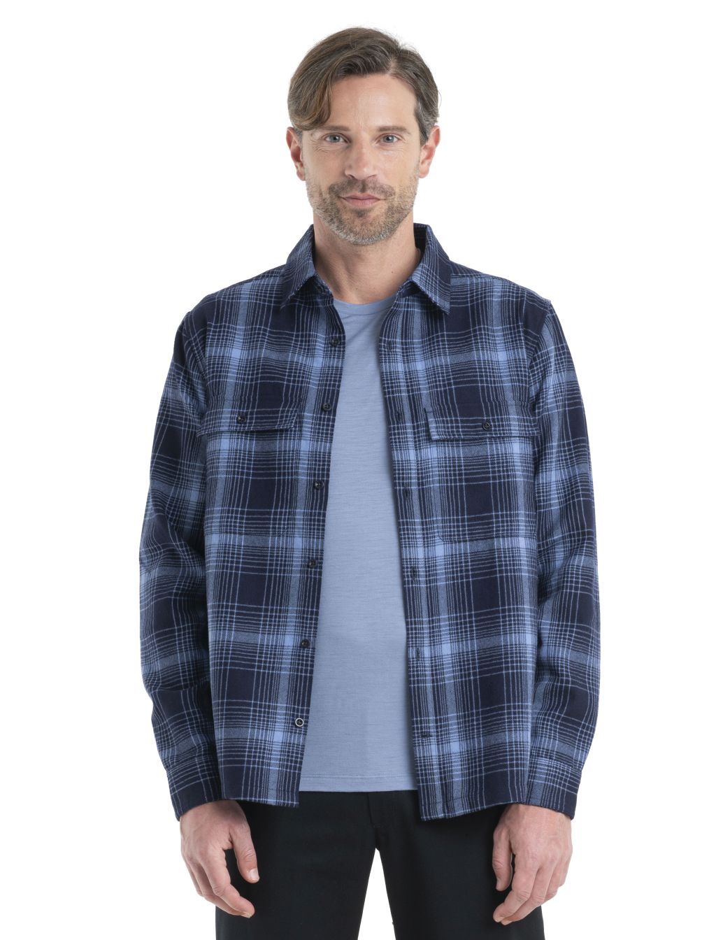 Pánská merino košile dlouhý rukáv ICEBREAKER Mens Dawnder LS Flannel Shirt Plaid, Midnight Navy/Kyanite velikost: L