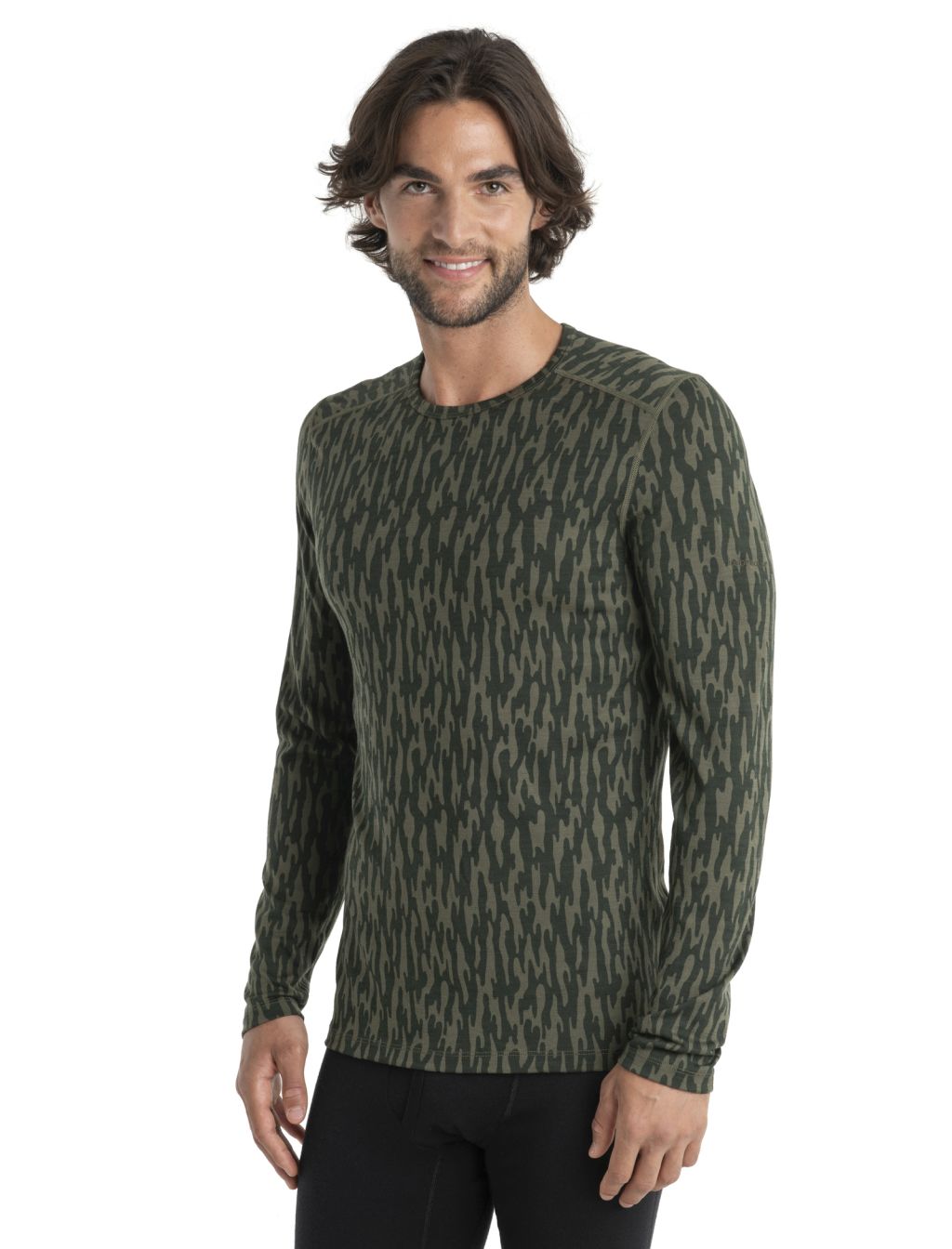 Pánské merino triko dlouhý rukáv ICEBREAKER Mens Merino 200 Oasis LS Crewe Macro Forms, Loden/Loden Dk/Aop velikost: L