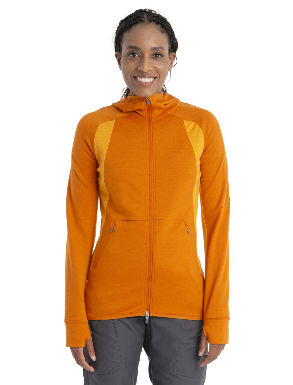 Dámská merino mikina s kapucí, zip ICEBREAKER Wmns Merino Quantum ZoneKnit LS Zip Hoodie, Earth/Solar velikost: L