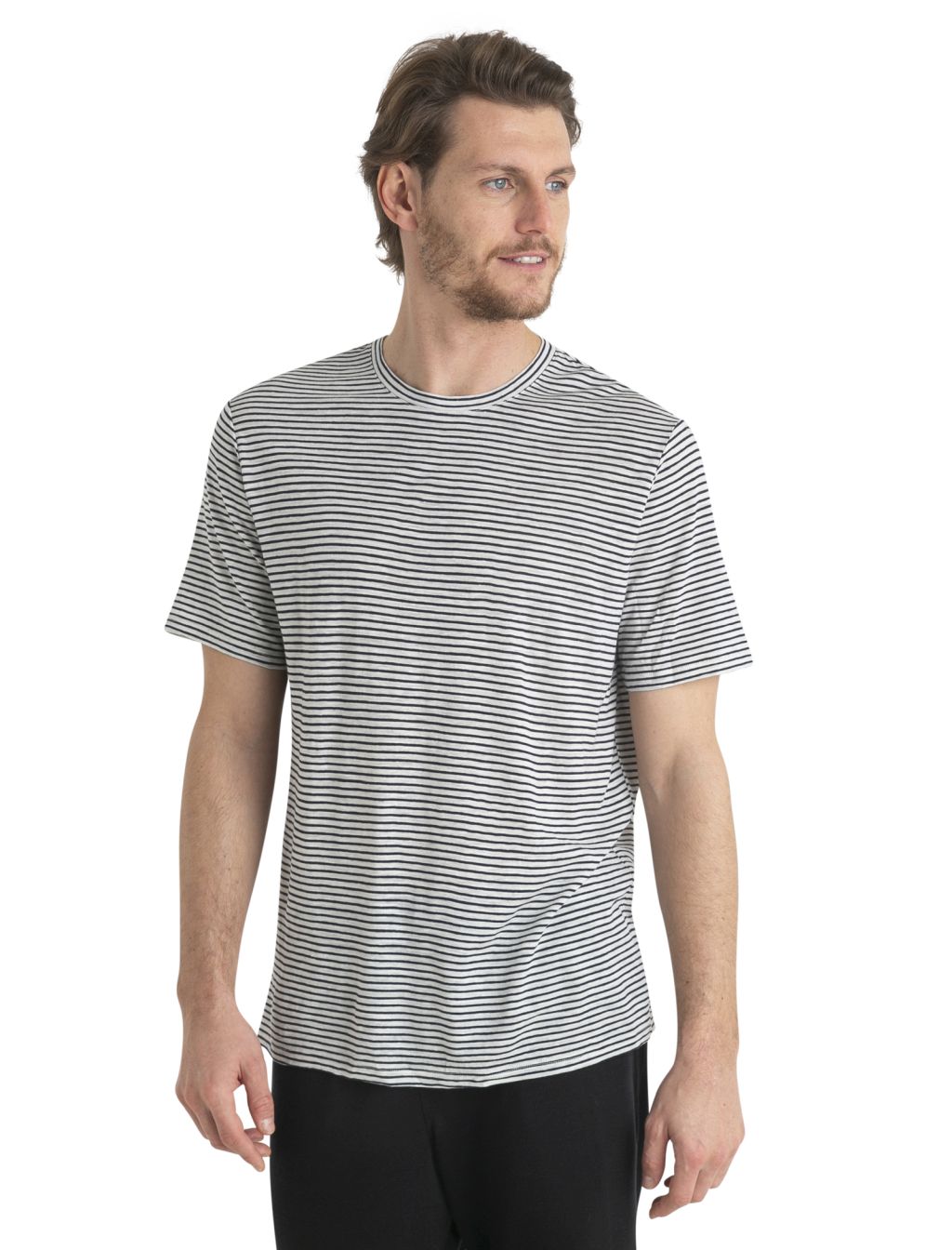 Pánské merino triko krátký rukáv ICEBREAKER Mens Merino Linen SS Tee Stripe, Snow/Midnight Navy velikost: L