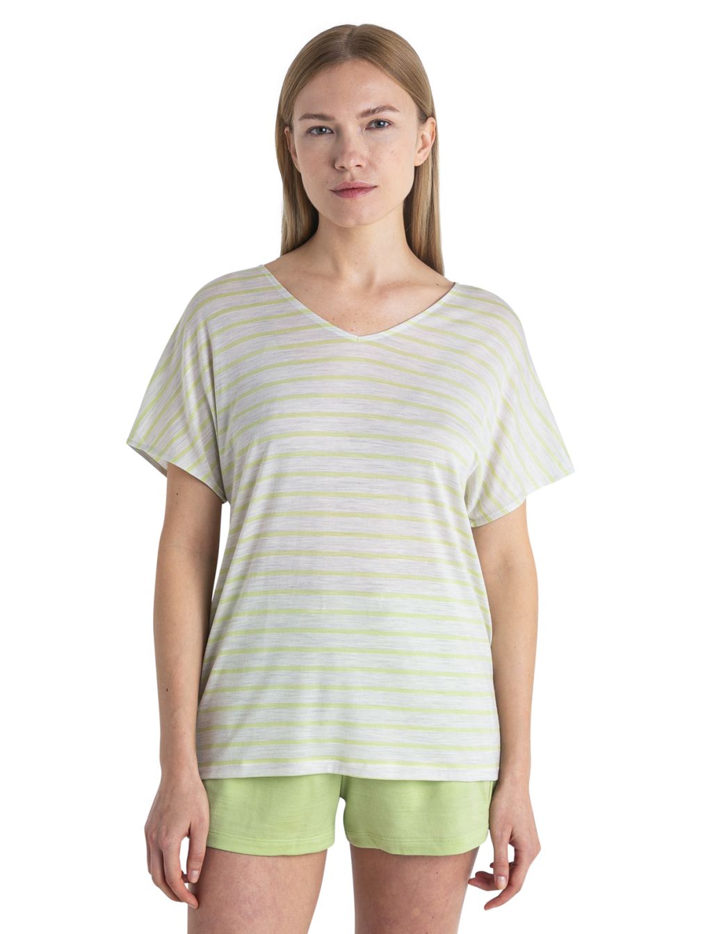 Dámské merino triko krátký rukáv ICEBREAKER Wmns Merino Drayden Reversible SS Top Stripe, Ecru Heather/Glazen velikost: S