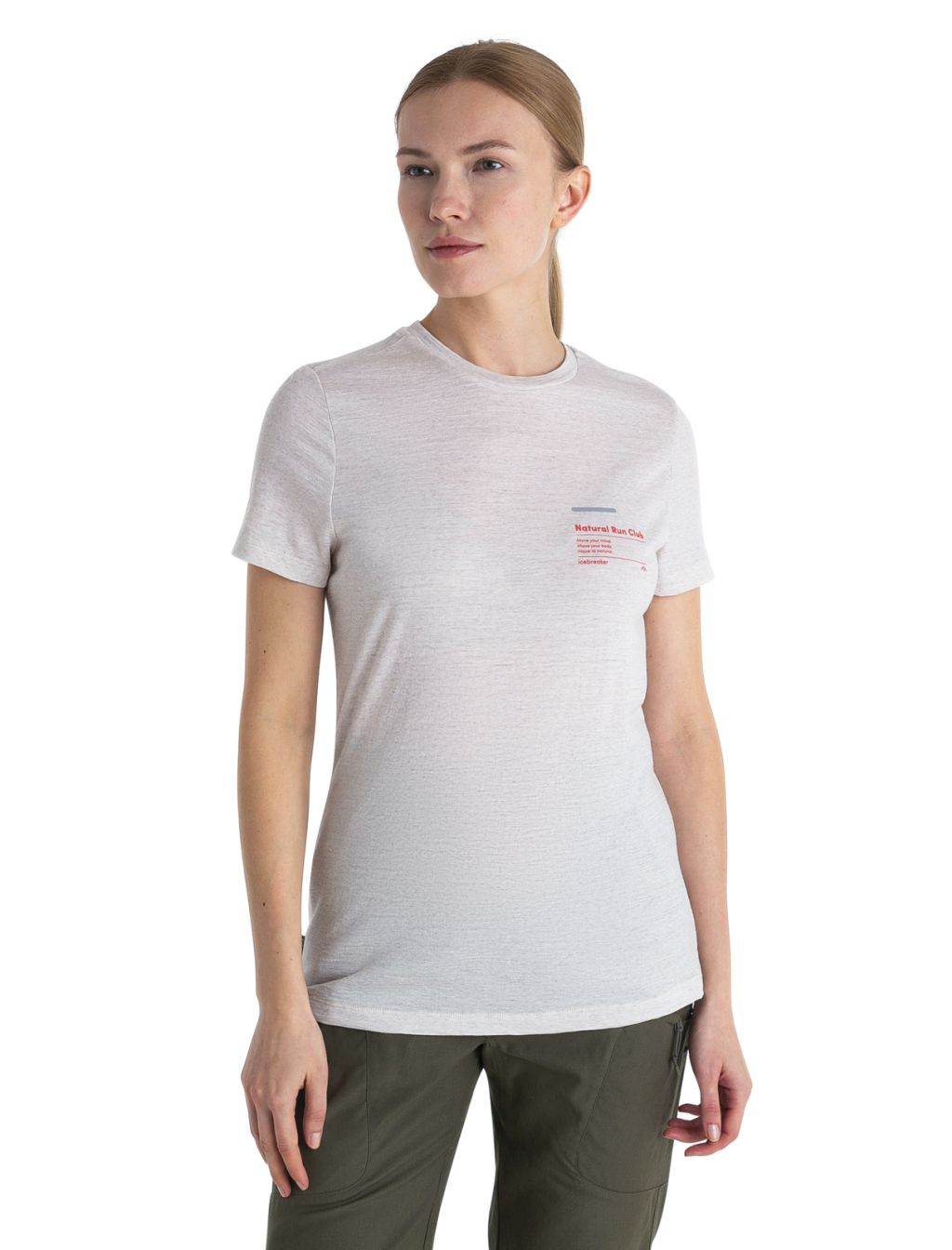 Dámské merino triko krátký rukáv ICEBREAKER Wmns Merino 150 Tech Lite III SS Tee Natural Run Club 2.0, Ecru Heather velikost: XS