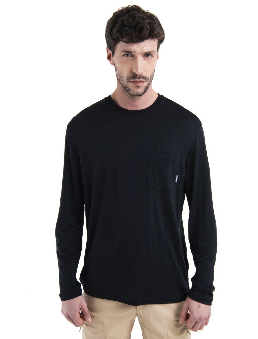 Pánské merino triko dlouhý rukáv ICEBREAKER Mens Merino 150 Tech Lite III LS Relaxed Pocket Tee, Black velikost: S