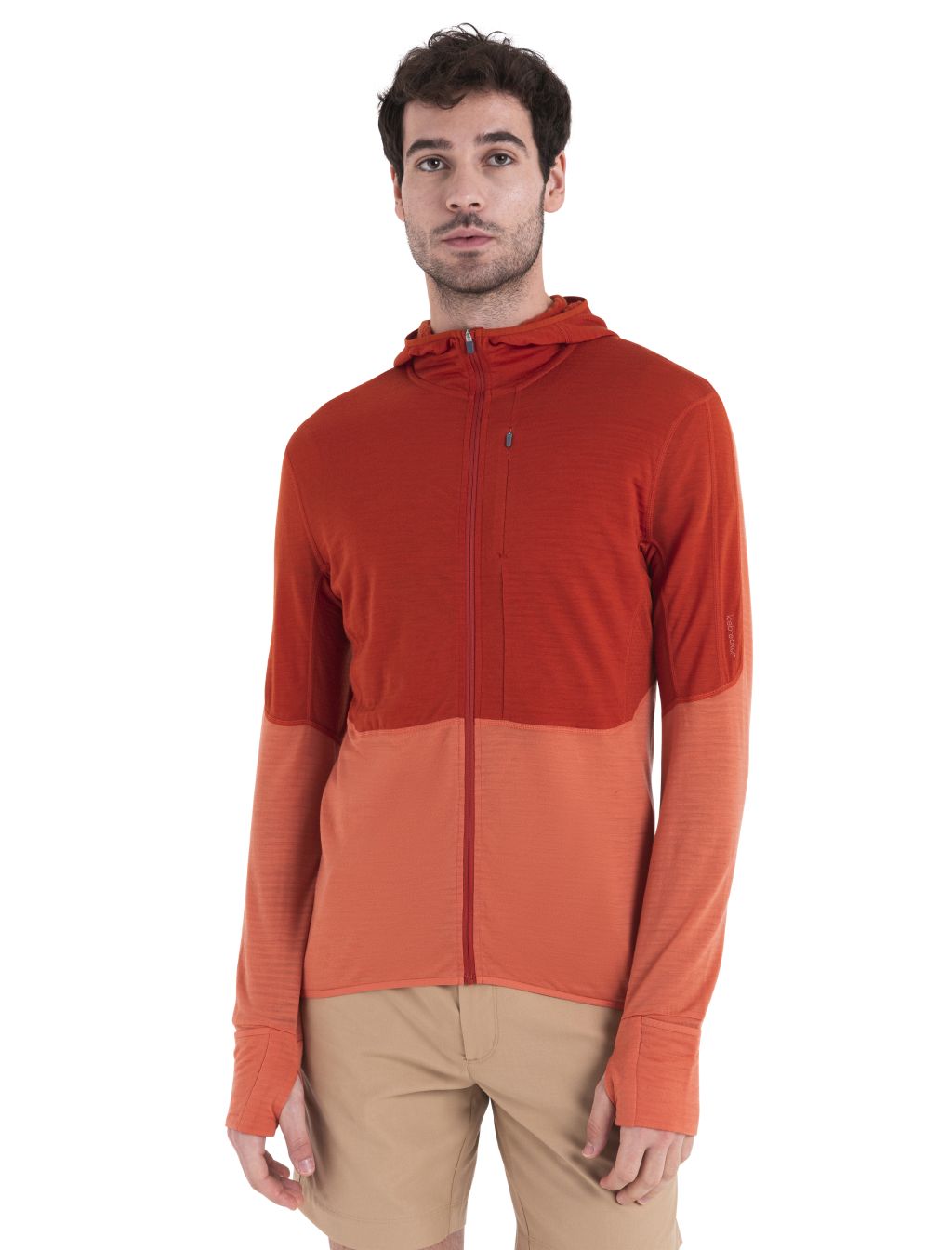 Pánská merino mikina s kapucí, zip ICEBREAKER Mens Merino 200 Realfleece™ Descender LS Zip Hoodie, Molten/Ember/Cb velikost: XL