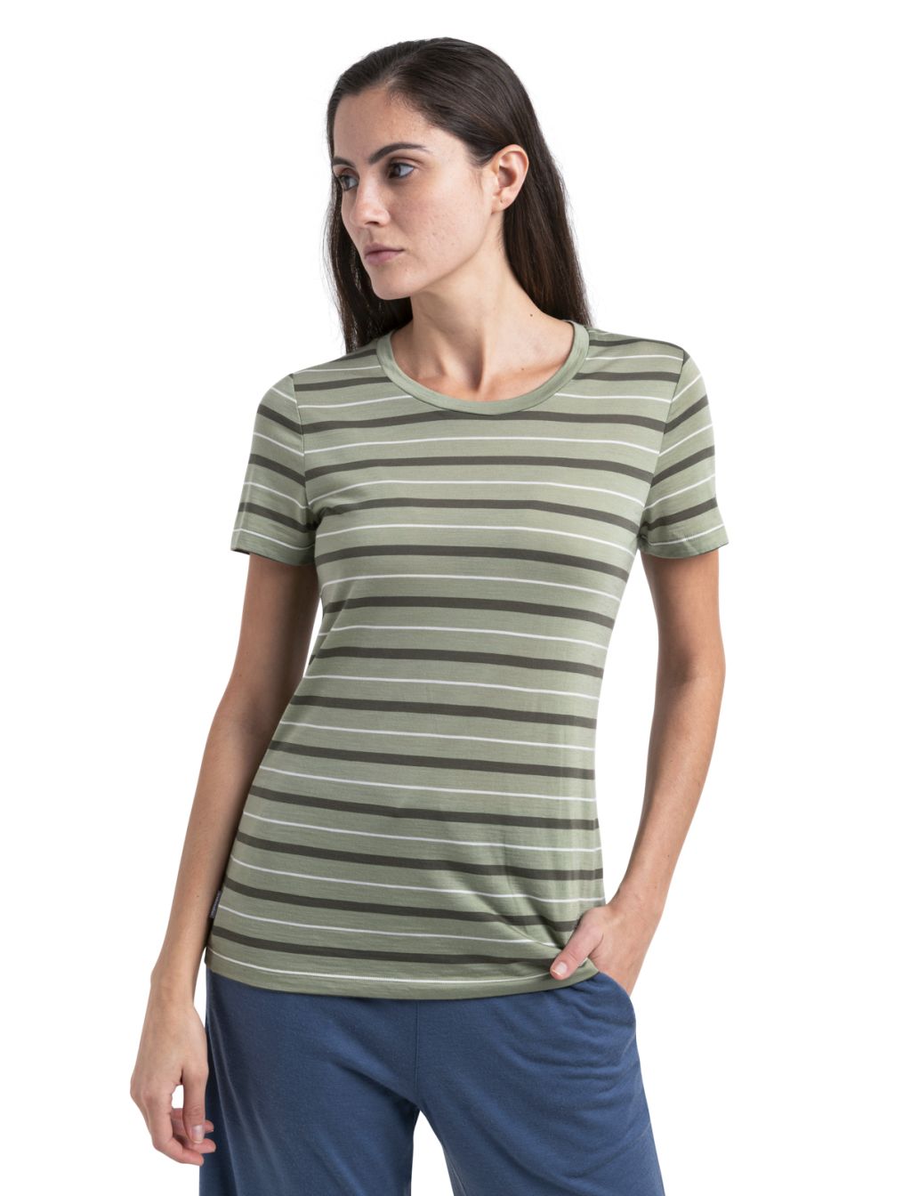 ICEBREAKER Wmns Wave SS Tee Stripe, Lichen/Loden/Snow velikost: M